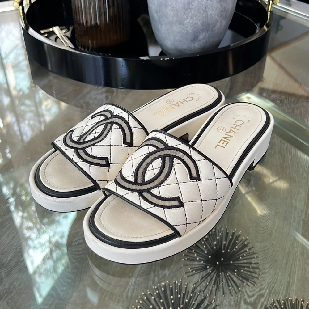 CHANEL | Shoes | Chanel Quilted Cc Logo Sandals White Size 385